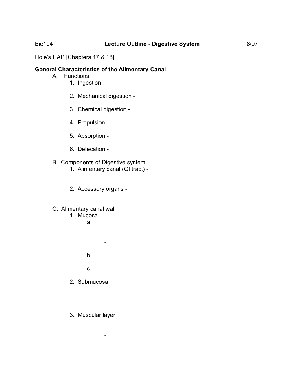 Bio104 Lecture Outline - Digestive System 8/07