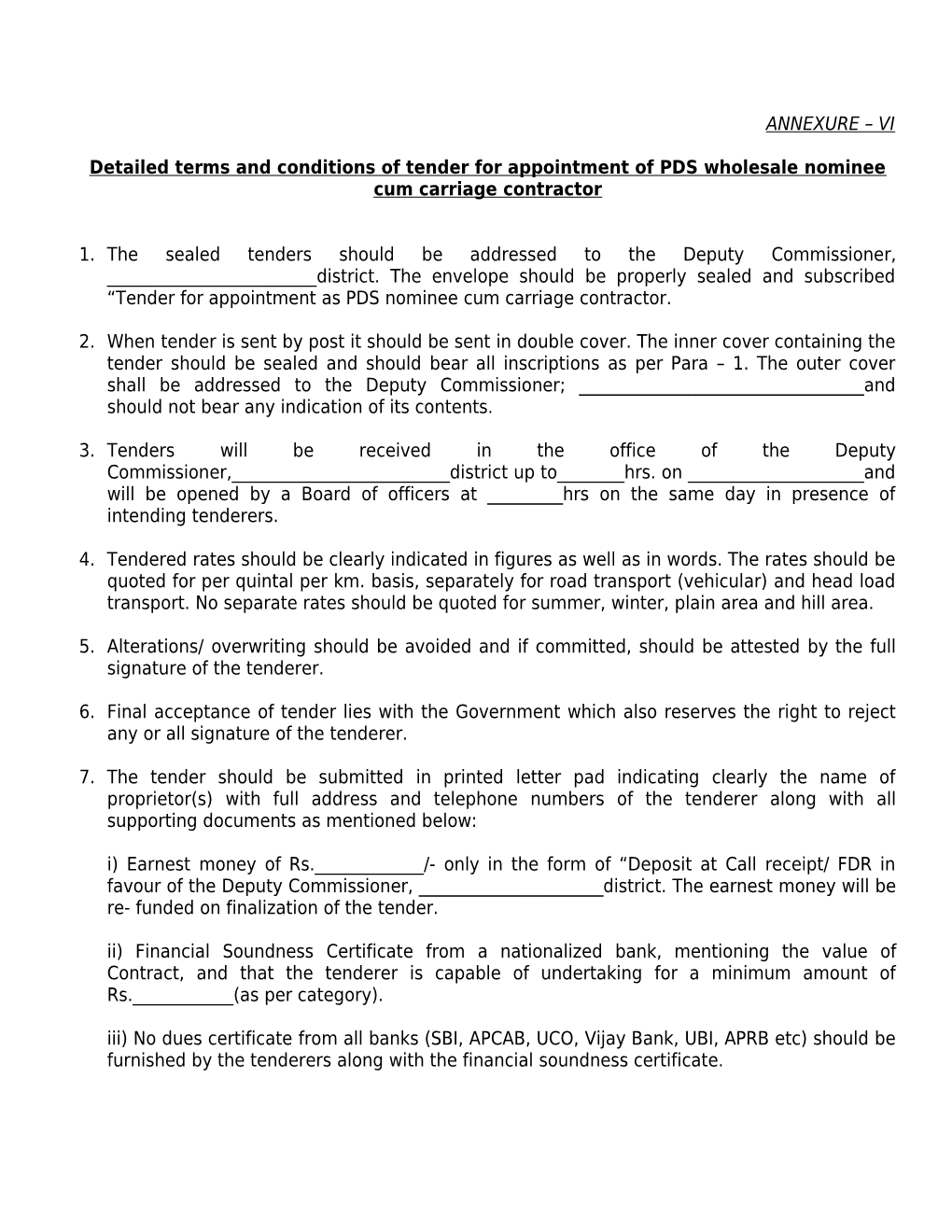 Detailed Terms and Conditions of Tender for Appointment of PDS Wholesale Nominee Cum Carriage