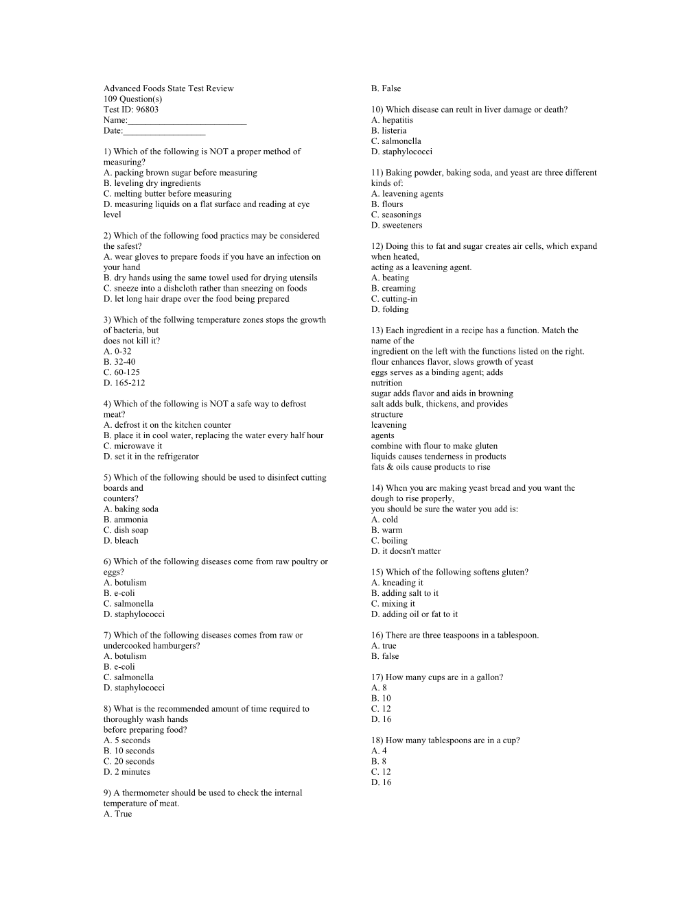 Advanced Foods State Test Review