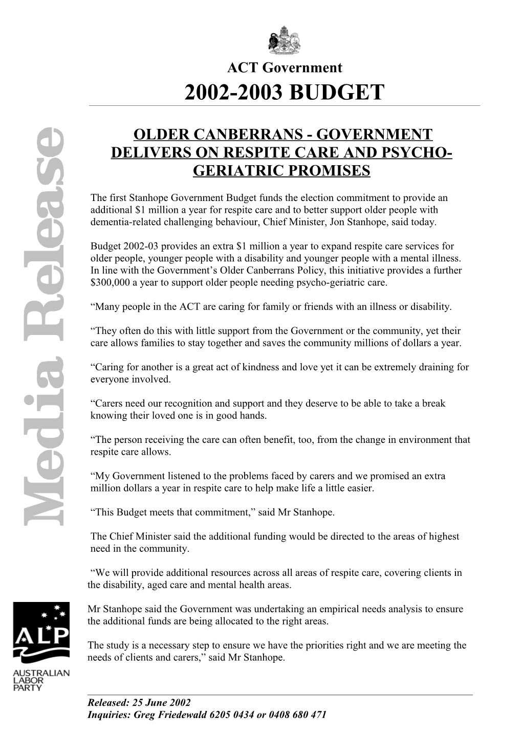 Older Canberrans - Government Delivers on Respite Care and Psycho-Geriatric Promises