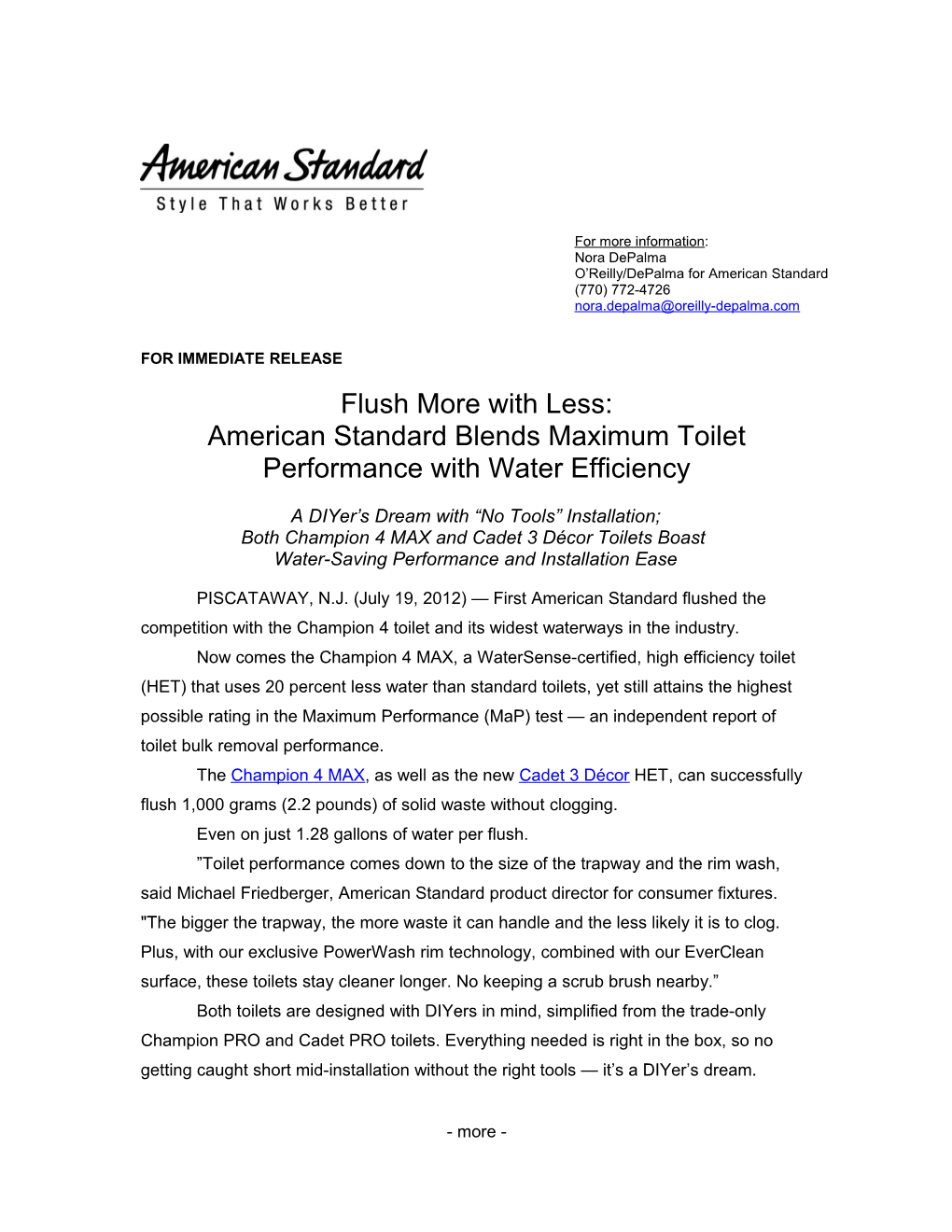 Flush More with Less: American Standard Blends Maximum Toilet Performance with Water