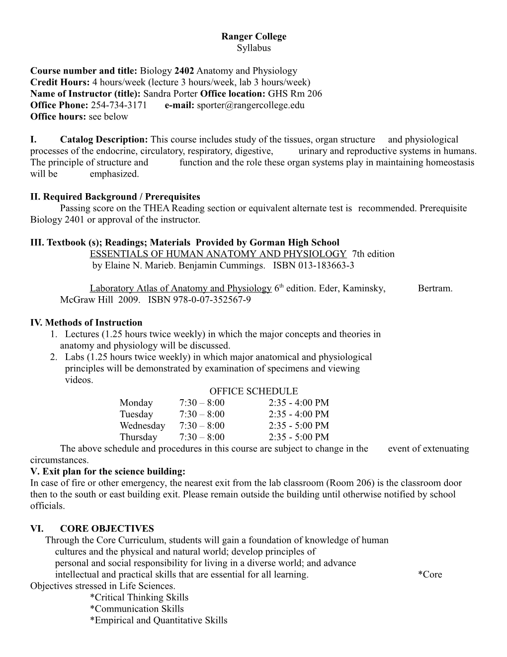 Course Number and Title: Biology 2402 Anatomy and Physiology