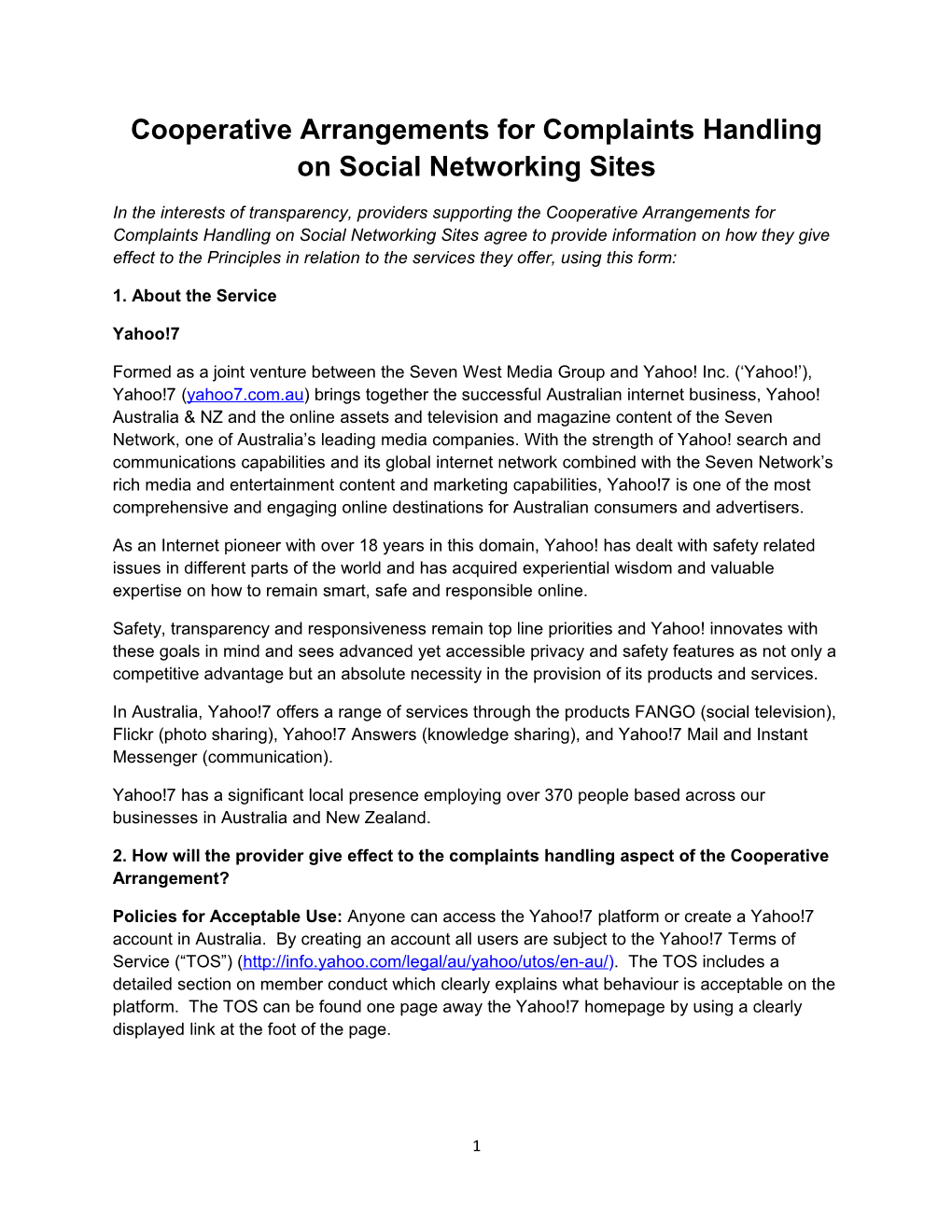 Cooperative Arrangements for Complaints Handling on Social Networking Sites