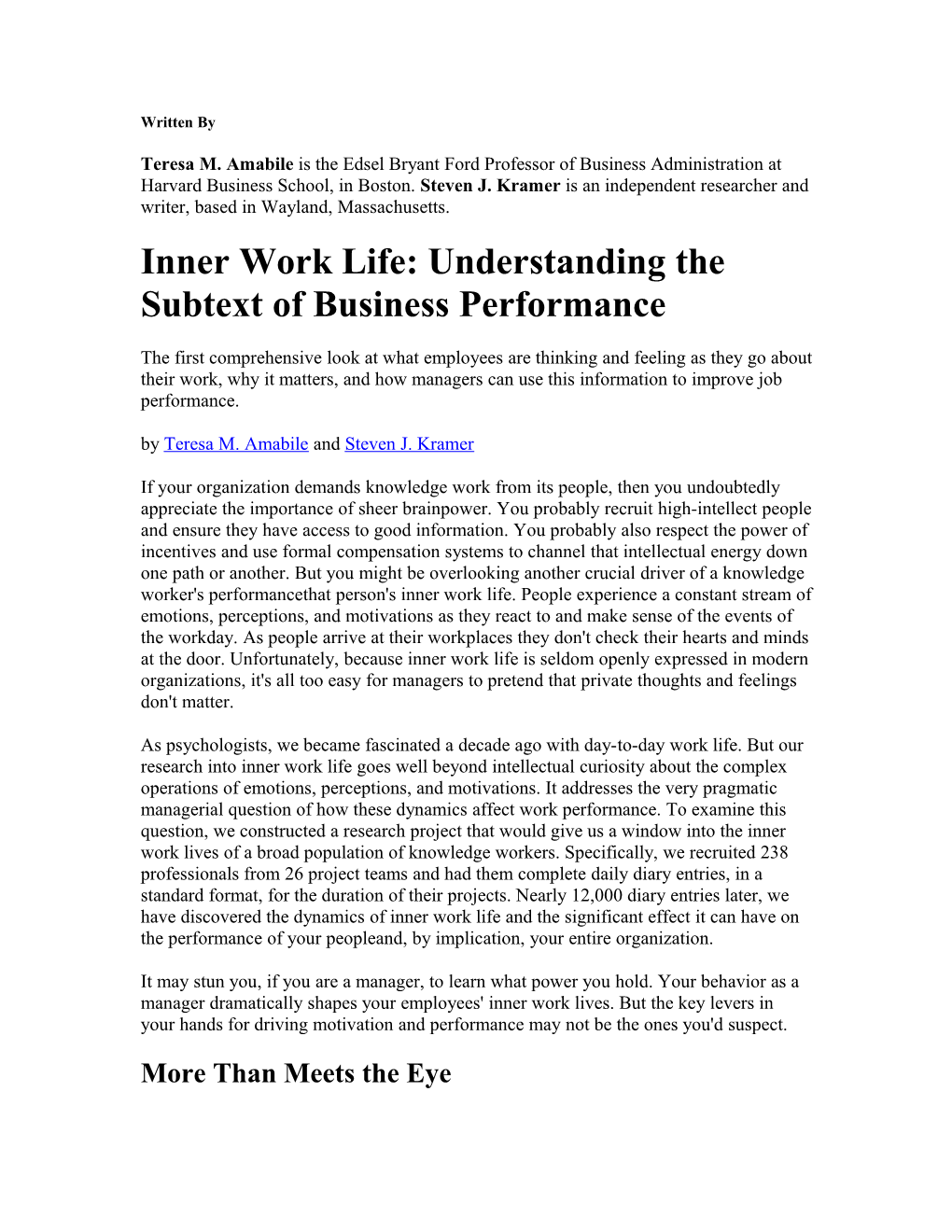 Inner Work Life: Understanding the Subtext of Business Performance