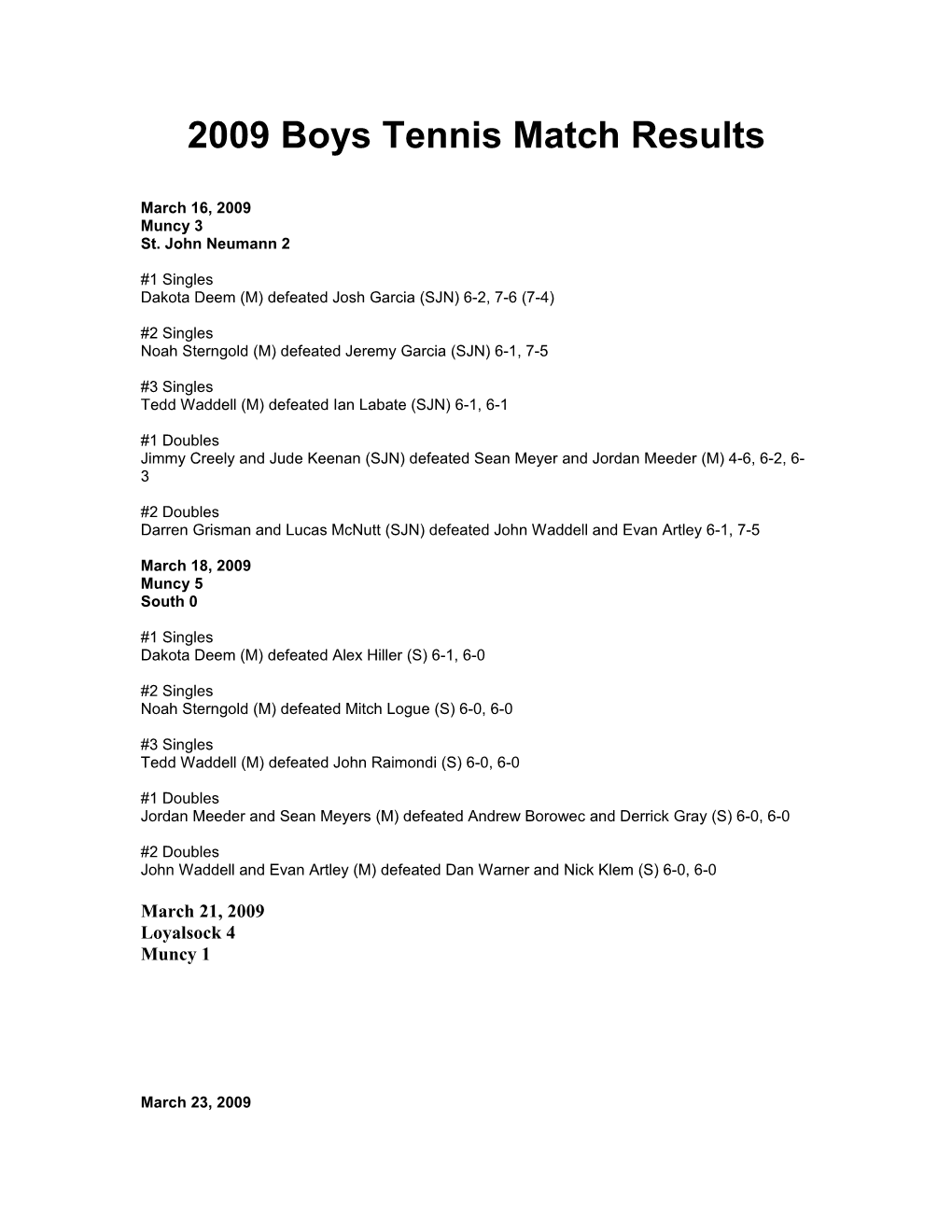 2009 Boys Tennis Match Results
