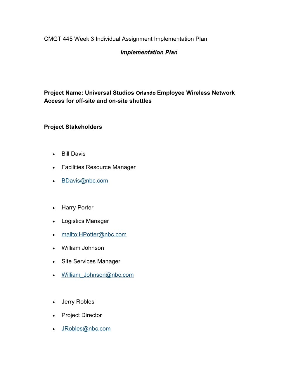 CMGT 445 Week 3 Individual Assignment Implementation Plan