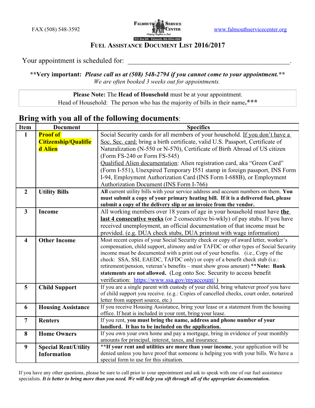 Fuel Assistance Document List 2016/2017