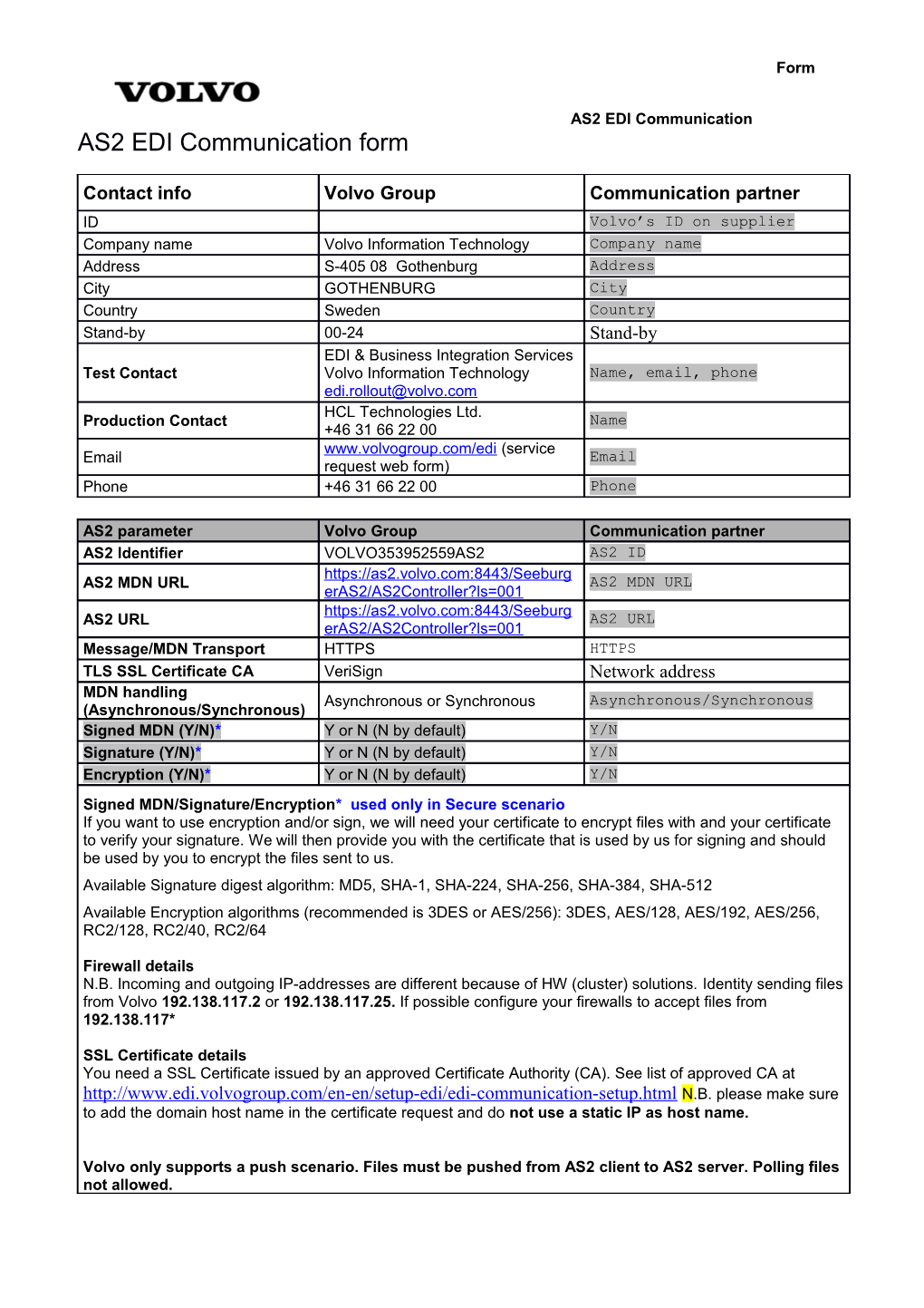 AS2 EDI Communication Form