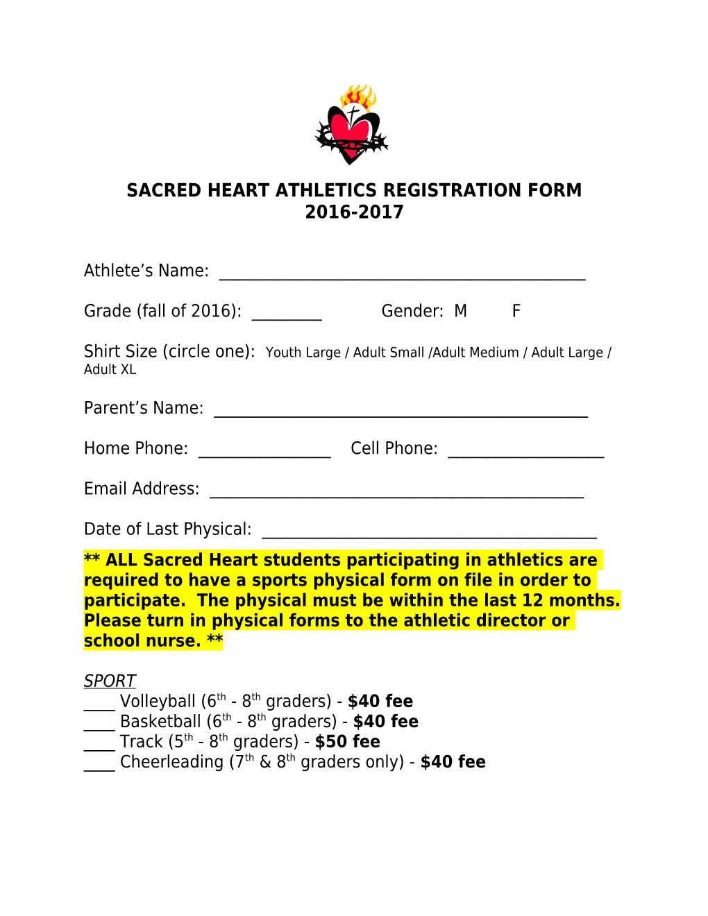 Sacred Heart Athletics Registration Form