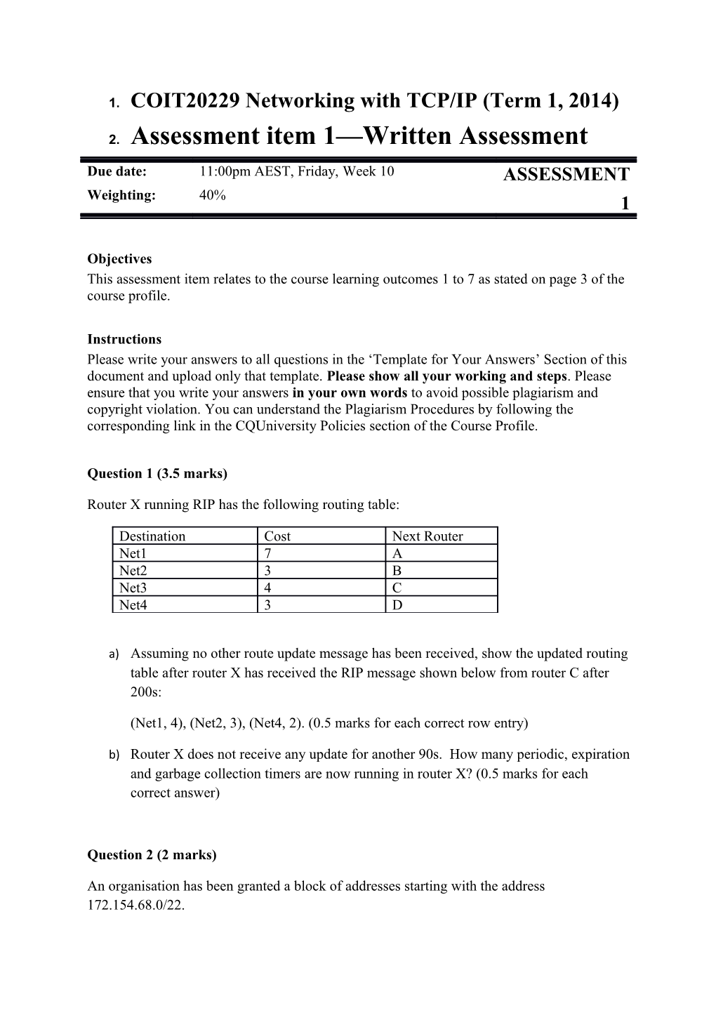 COIT20229 Networking with TCP/IP (Term1, 2014)