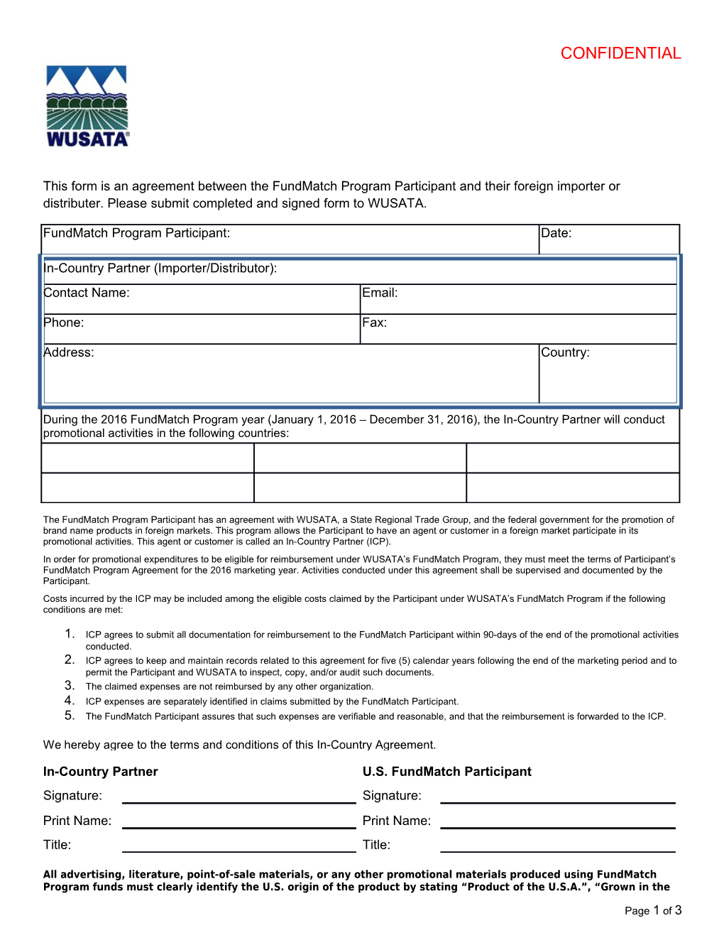 This Form Is an Agreement Between the Fundmatch Program Participant and Their Foreign Importer