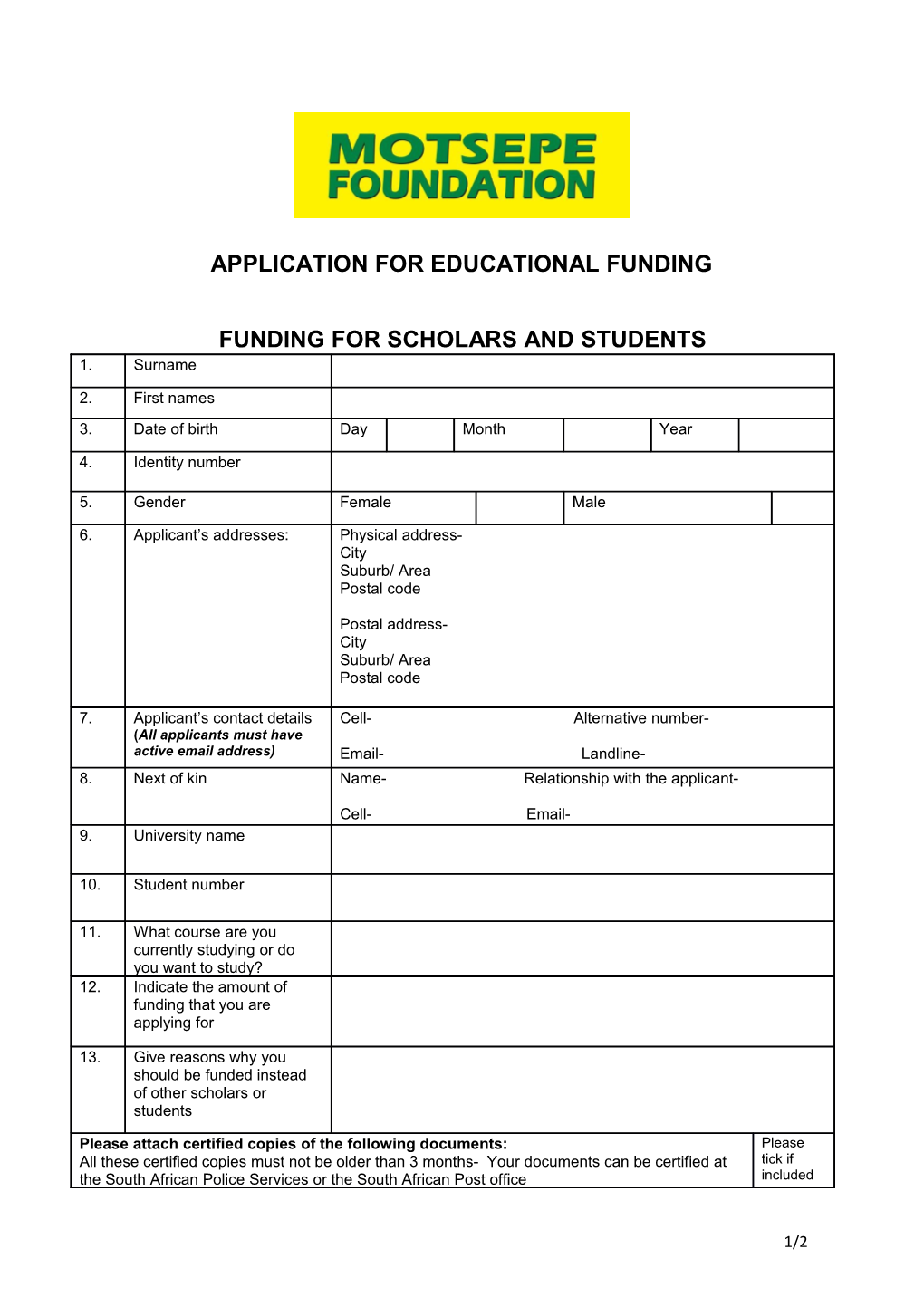 Application for Educational Funding