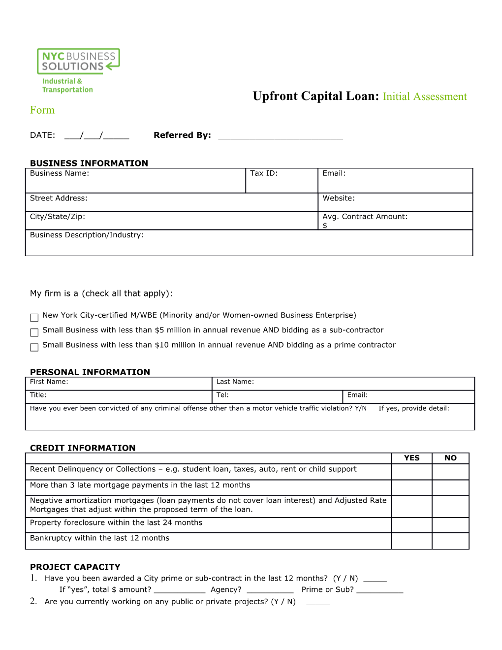 Upfront Capital Loan: Initial Assessment Form