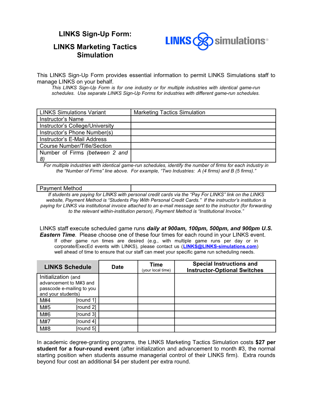 LINKS Simulation Scheduling Request