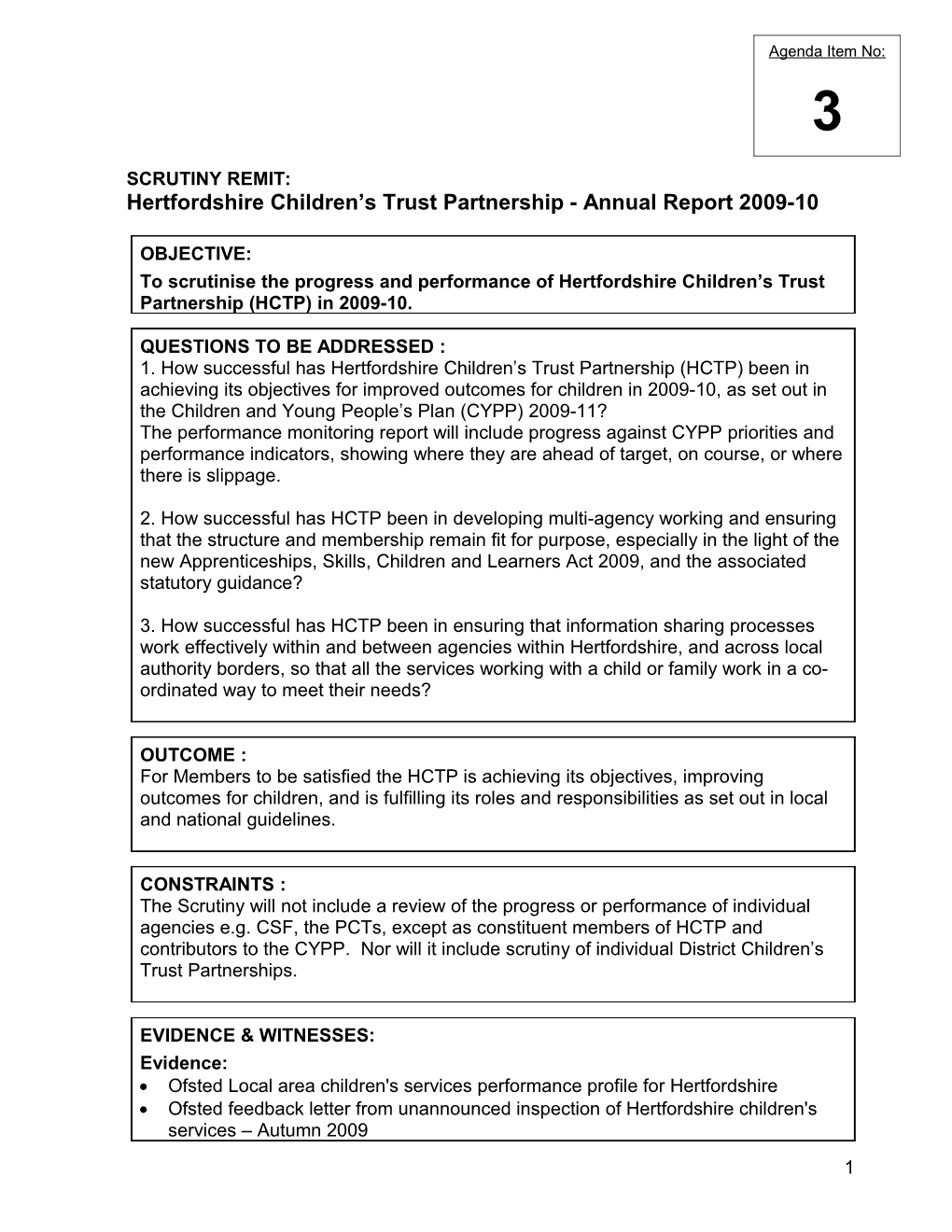 Hertfordshire Children's Trust Partnership Topic Group 117 June 2010 Item 3 - Scoping Document