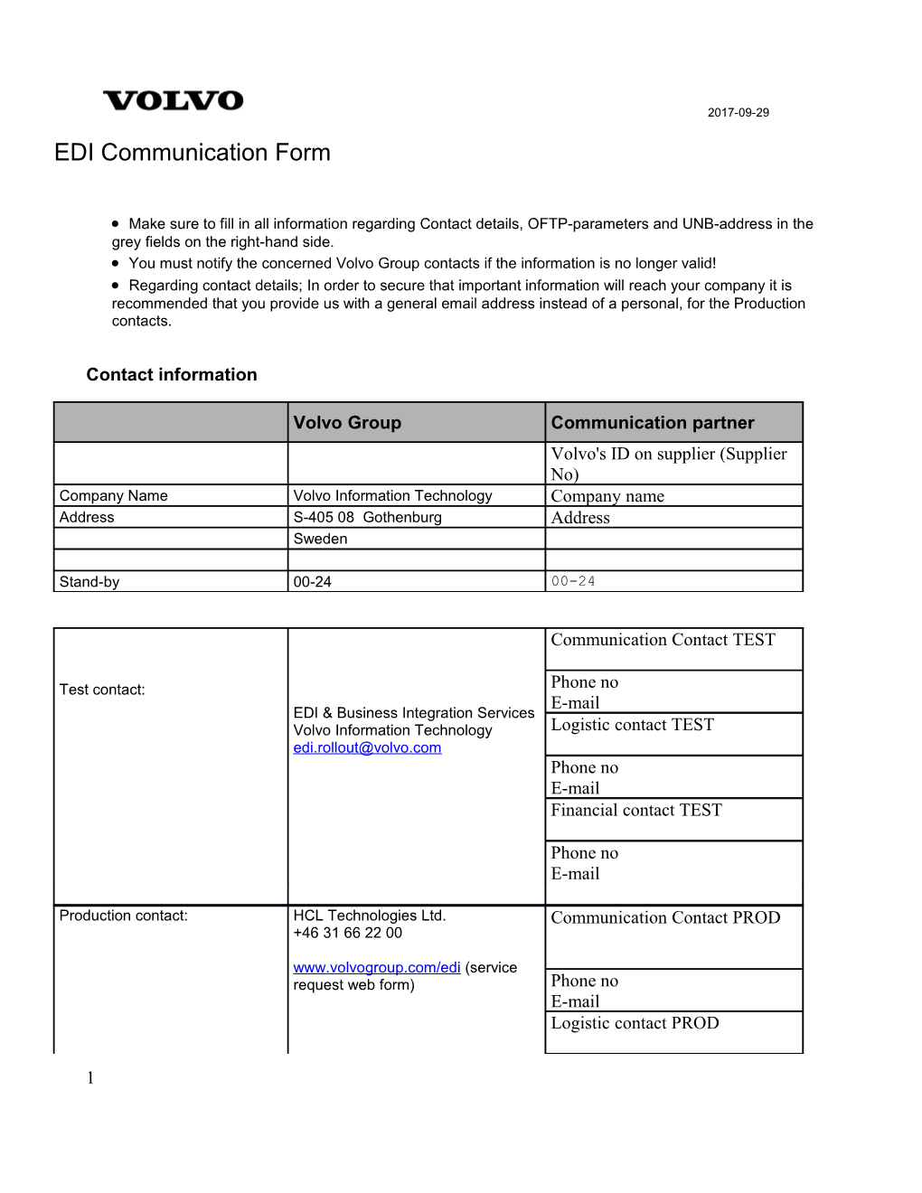 EDI Communication Form