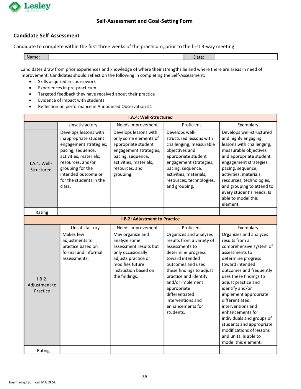 Self-Assessment and Goal-Setting Form