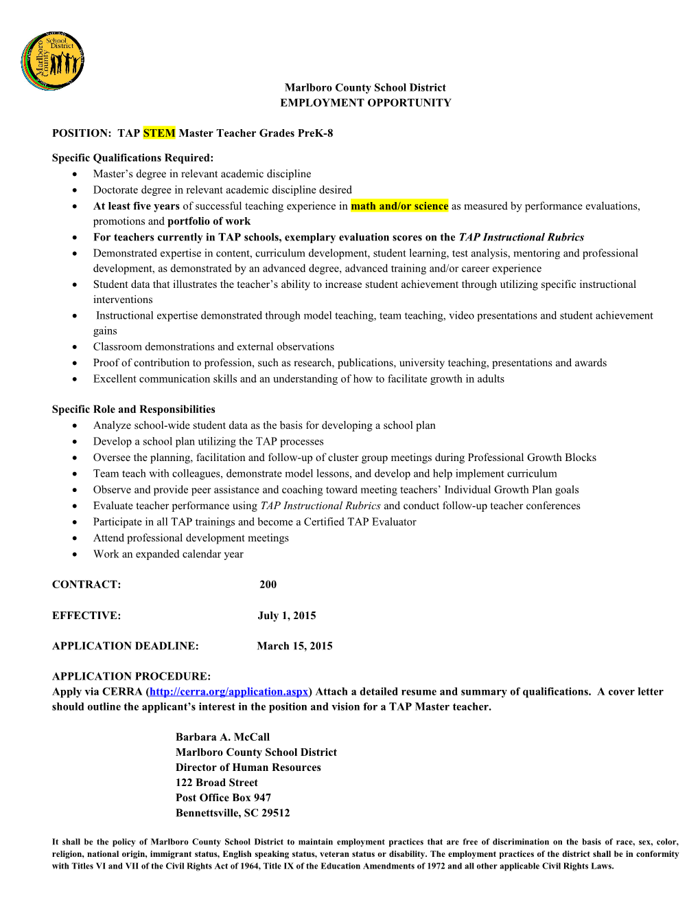 POSITION: TAPSTEM Master Teacher Grades Prek-8