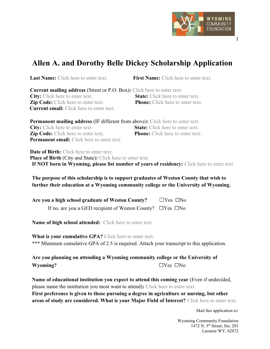 Allen A. and Dorothy Belle Dickeyscholarship Application