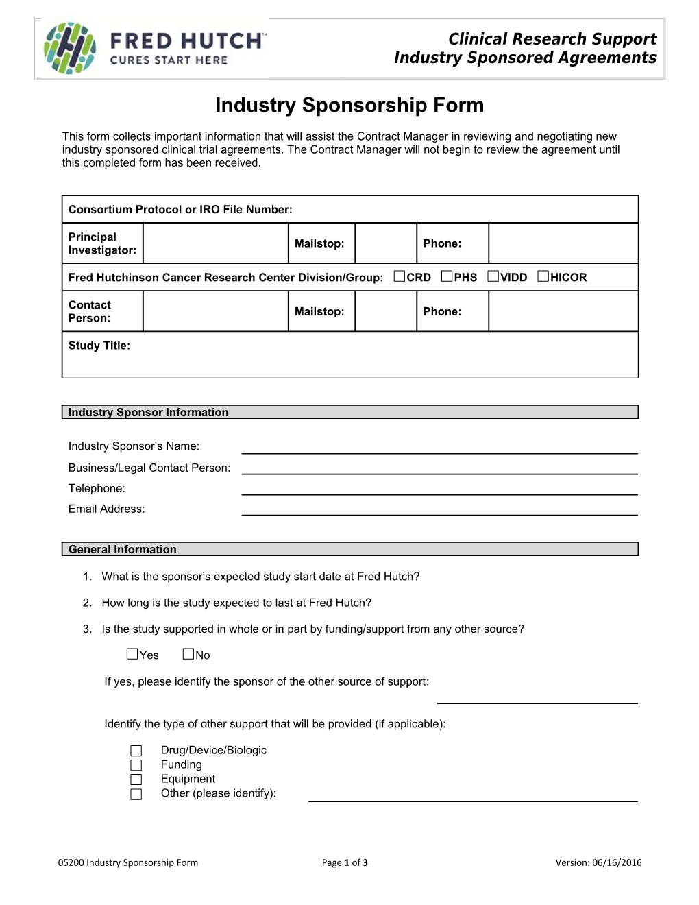 Industry Sponsorship Form