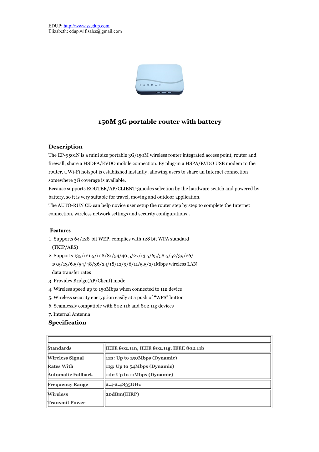 150M3G Portable Router with Battery