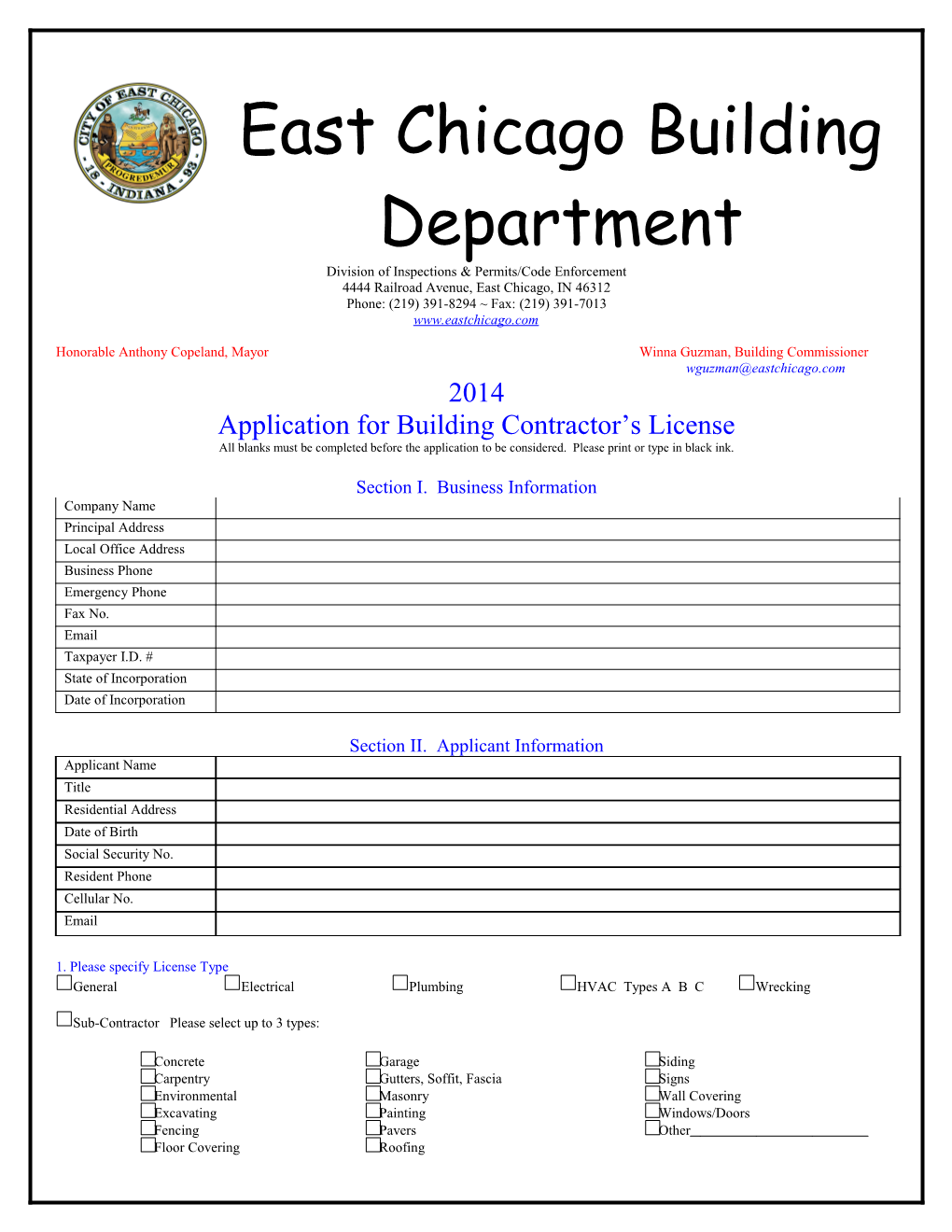 Application for Building Contractor S License