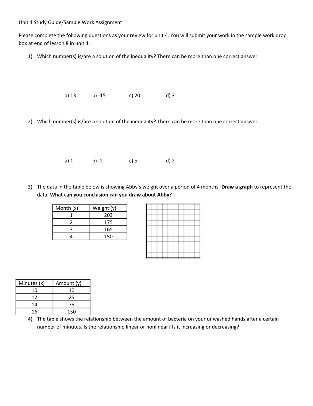 Unit 4 Study Guide/Sample Work Assignment