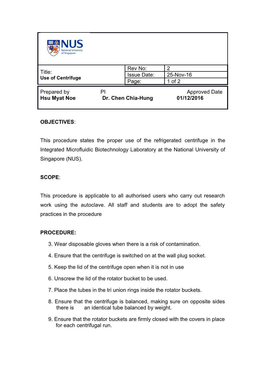 Refrigerated Centrifuge Safety Operating Procedure