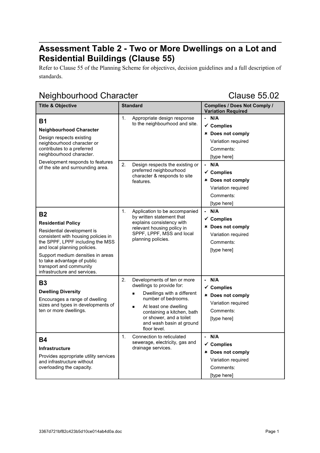 Assessment Table 1- One Dwelling on a Lot (Clause 54)