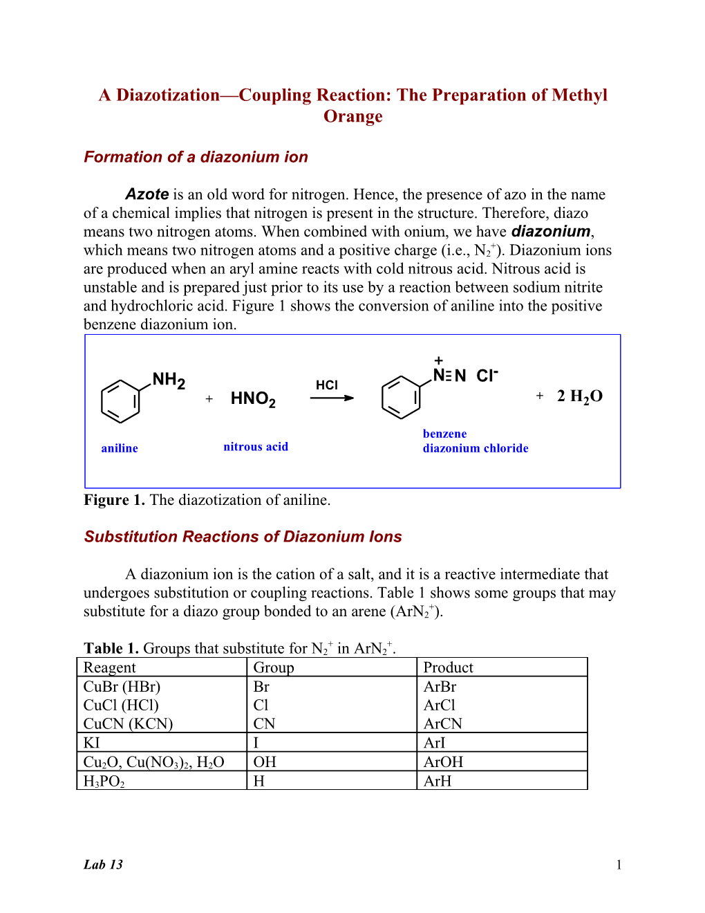 A Diazotization Coupling Reaction: the Preparation of Methyl Orange