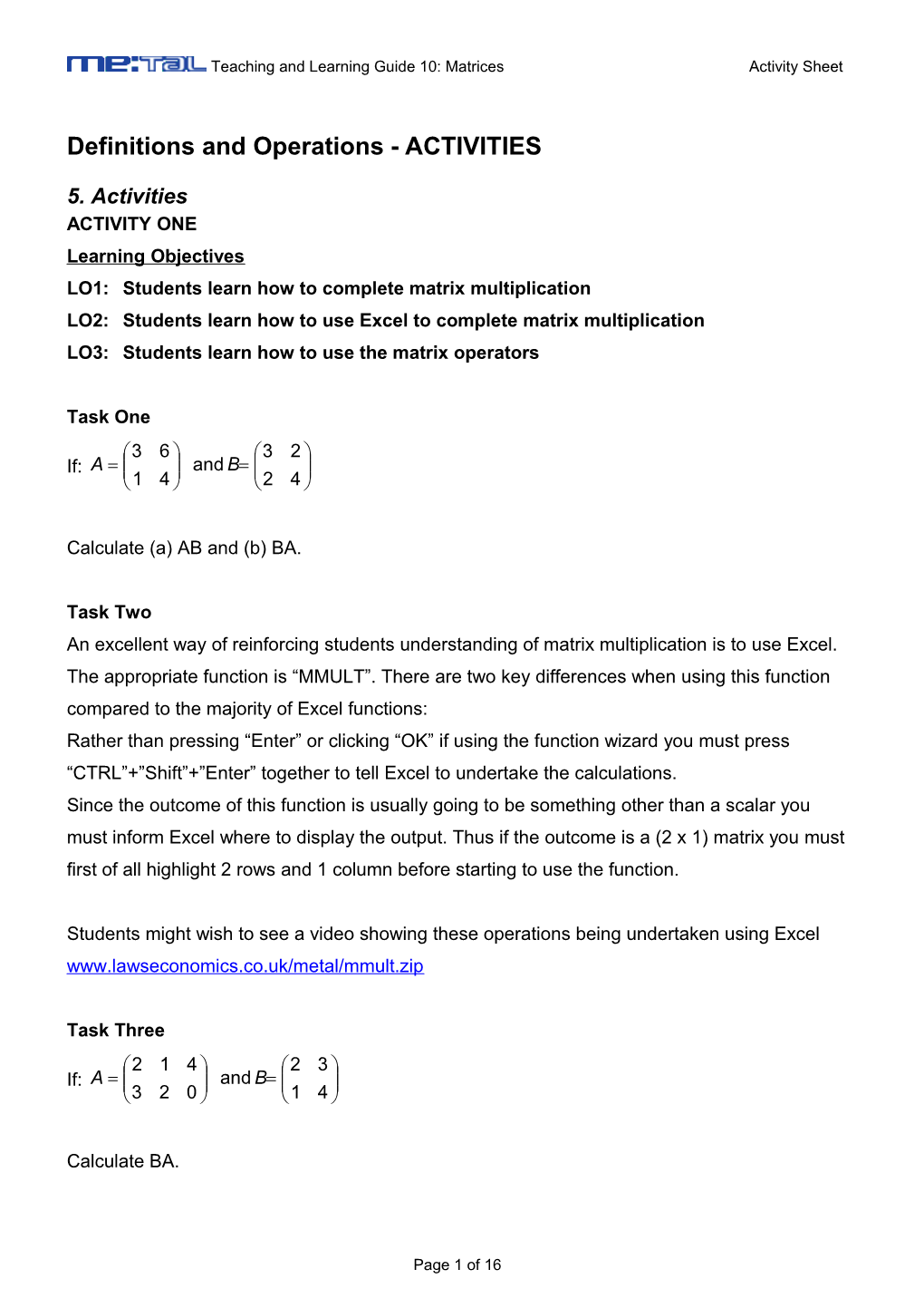 Definitions and Operations - ACTIVITIES