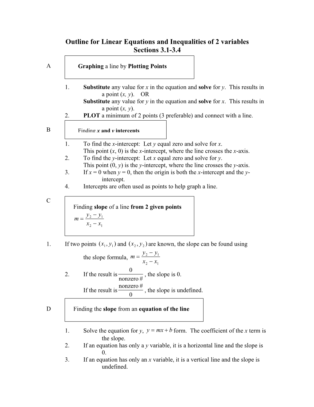 Outline for Linear Equations and Inequalities of 2 Variables
