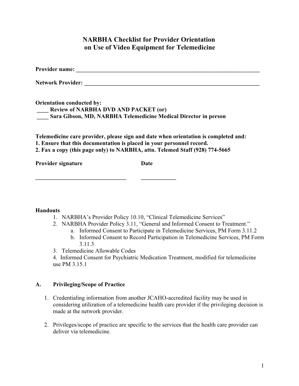 NARBHA Checklist for Provider Orientation