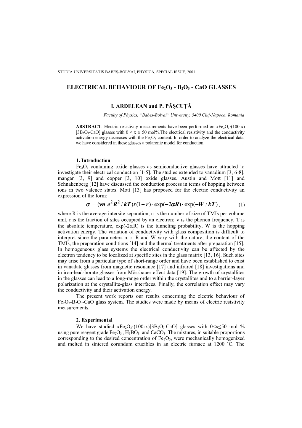 ELECTRICAL BEHAVIOUR of Fe2o3 - B2O3 - Cao GLASSES