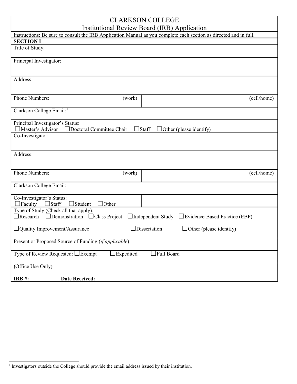 CLARKSON COLLEGE IRB Application