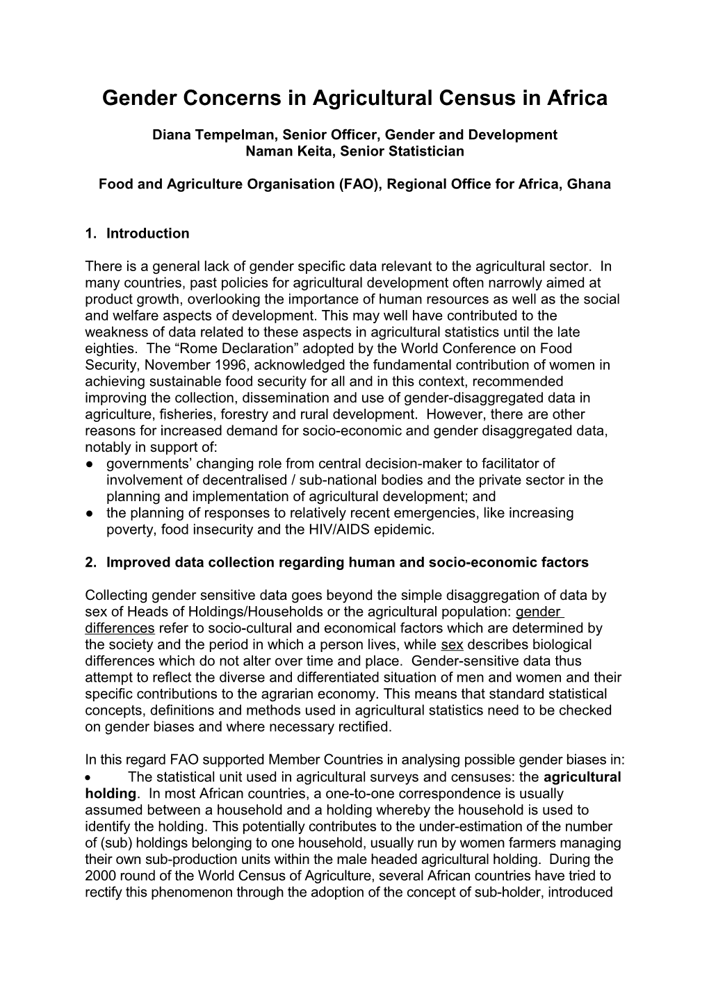 FAO - Integration of Gender Concerns Into Agricultural Census in Africa, 1995 - 2004