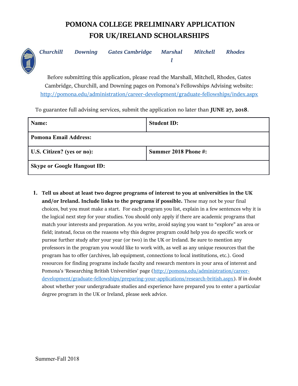 Pomona College Preliminary Application for Uk/Ireland Scholarships