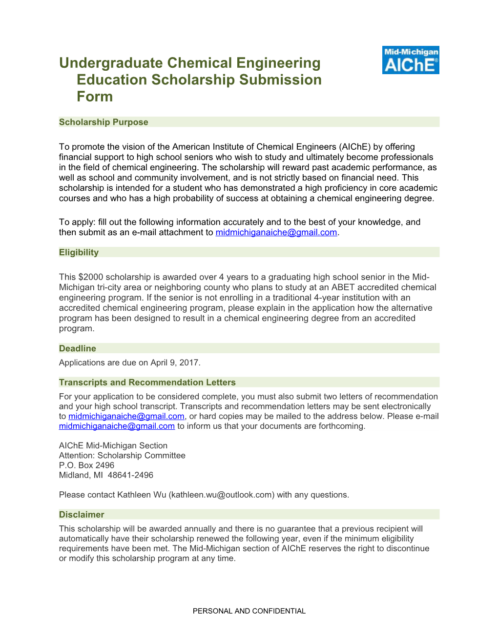 Undergraduate Chemical Engineering Education Scholarship Submission Form