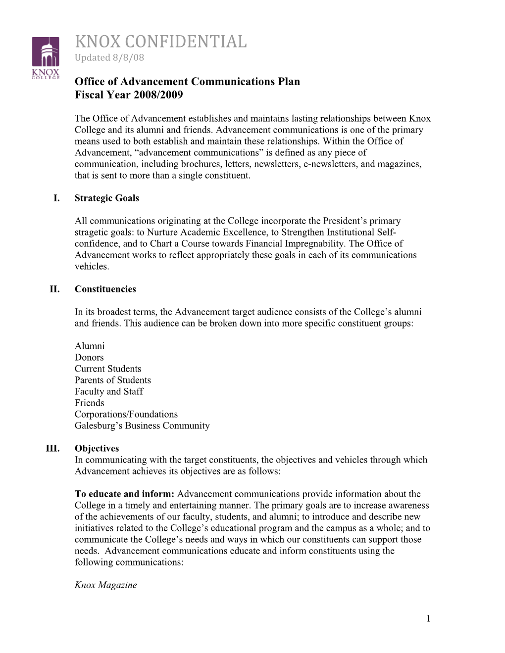 Advancement Communications Plan