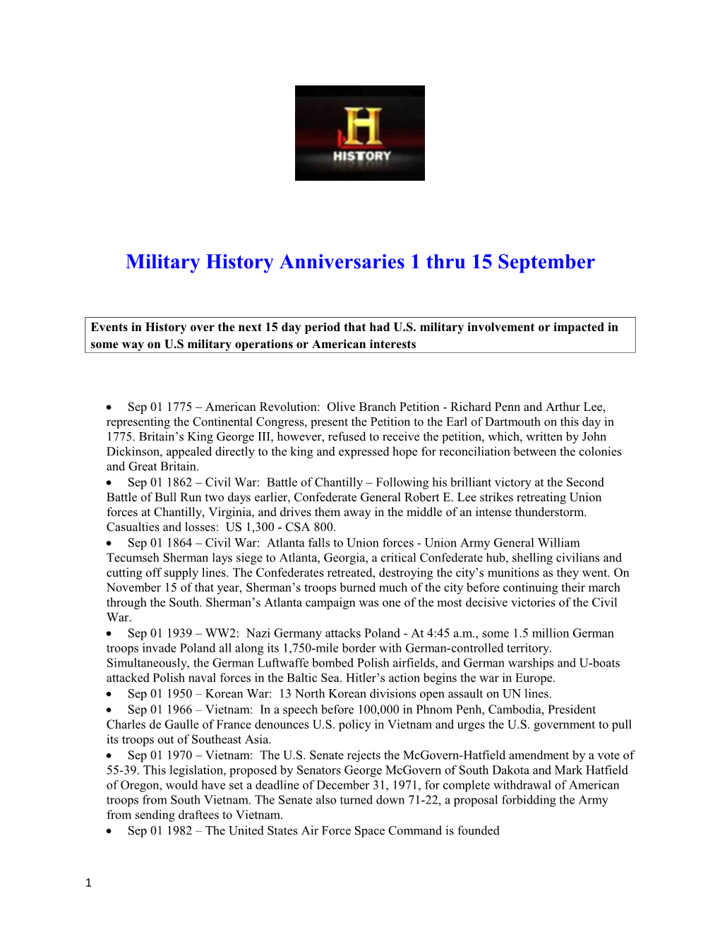 Military History Anniversaries 1 Thru 15 September