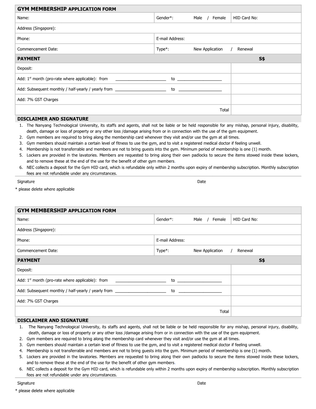 Gym Membershipapplication Form