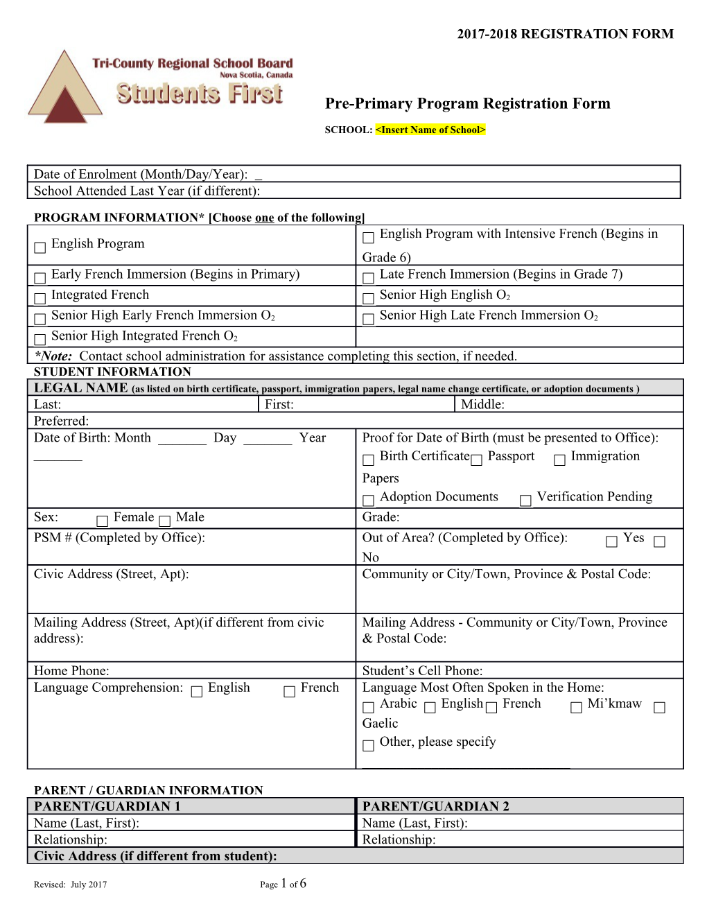 Pre-Primary Program Registration Form