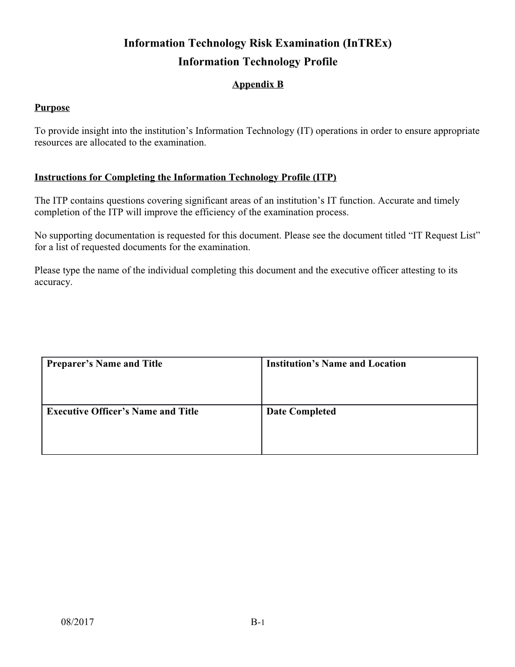 Instructions for Completing the Information Technology Profile(ITP)