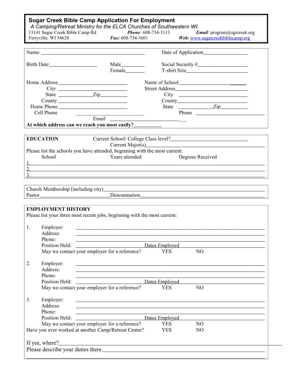 Sugar Creek Bible Camp Application for Employment