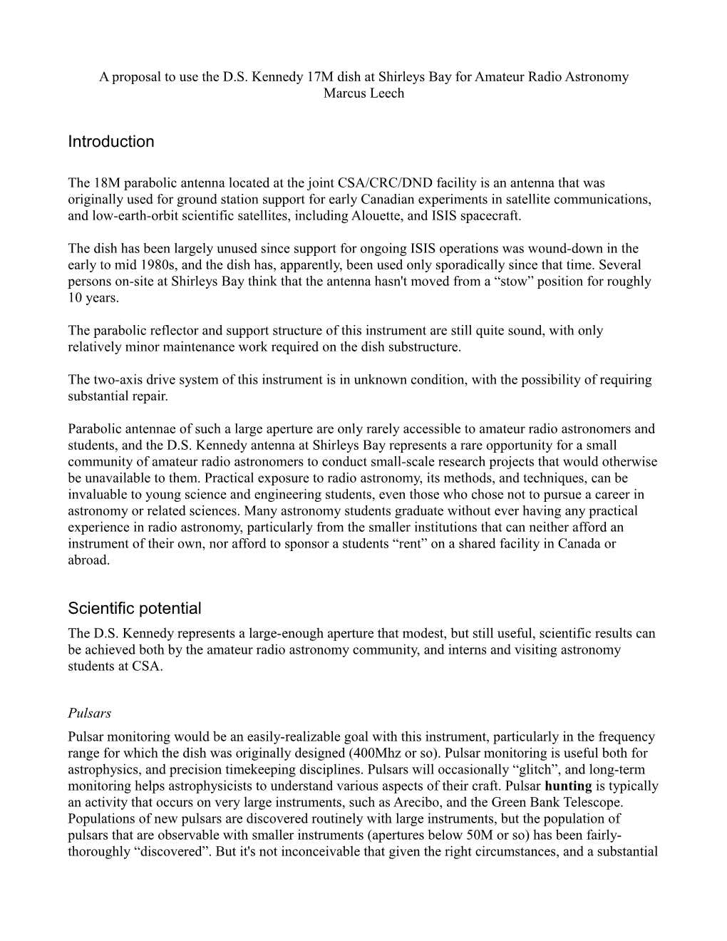 A Proposal to Use the D.S. Kennedy 17M Dish at Shirleys Bay for Amateur Radio Astronomy