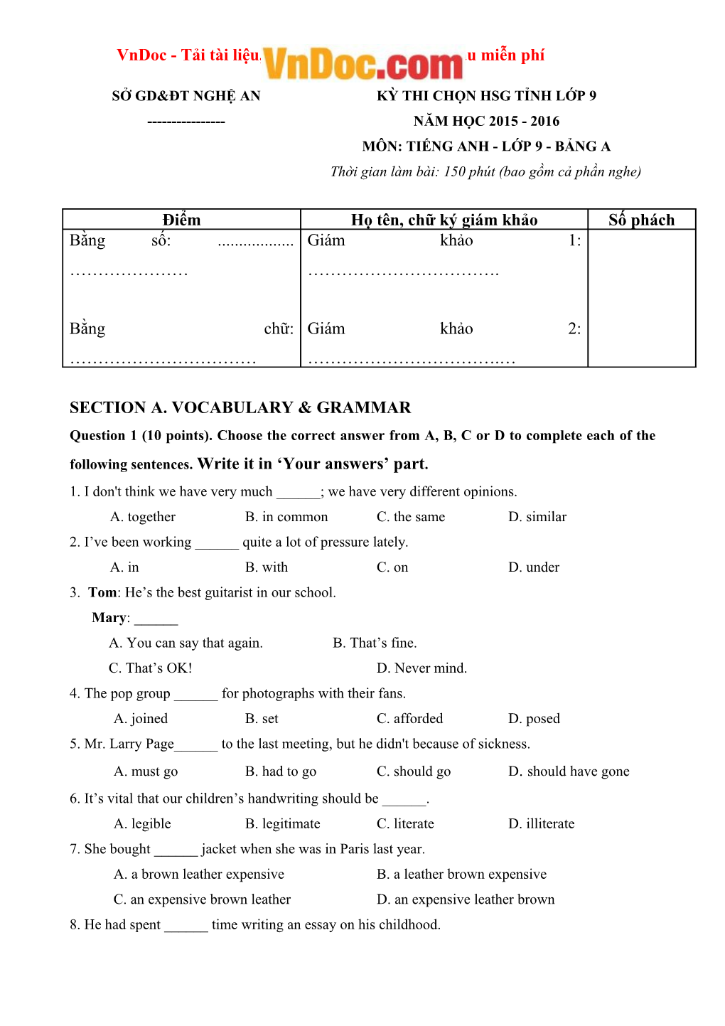 Section A. Vocabulary & Grammar