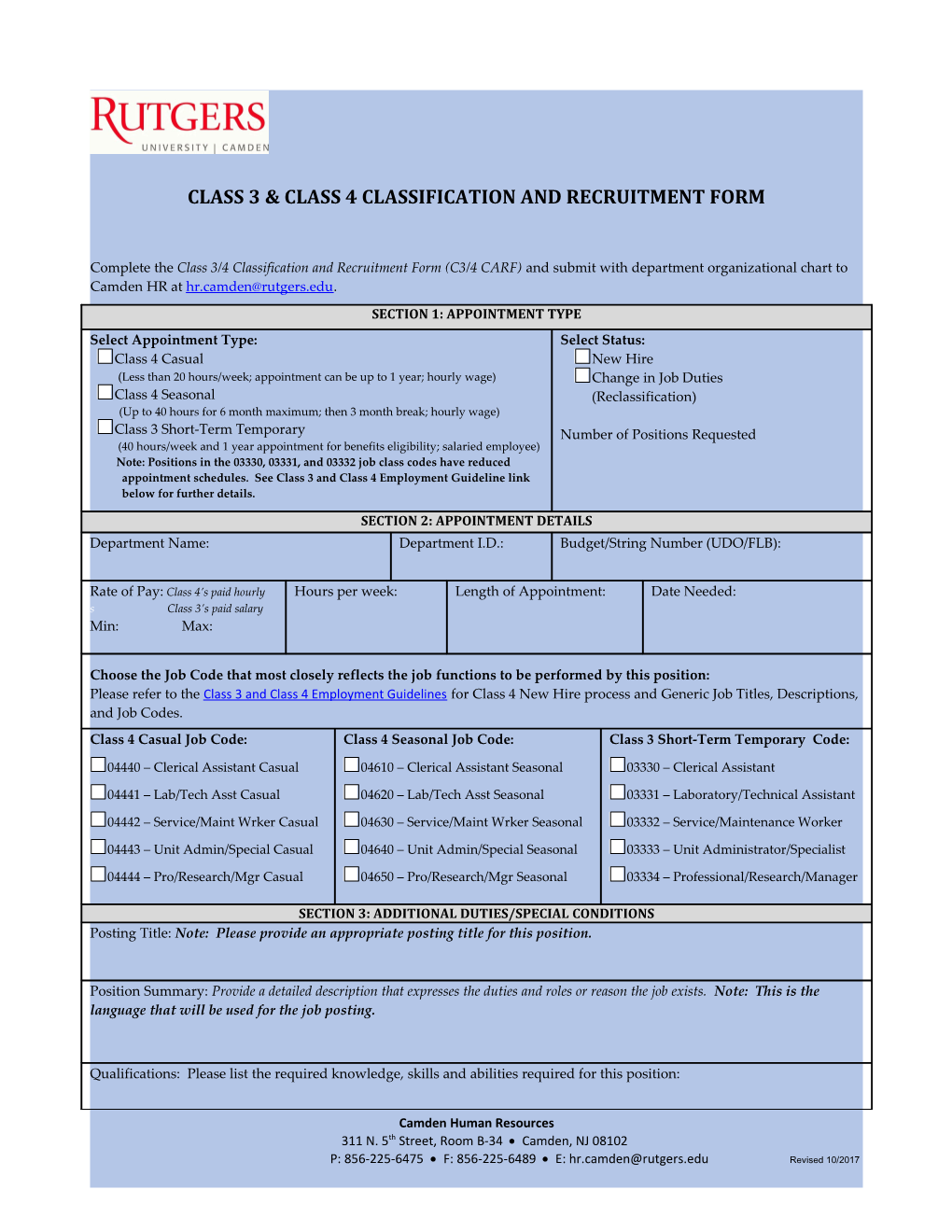 Class 3 & Class 4 Classification and Recruitment Form