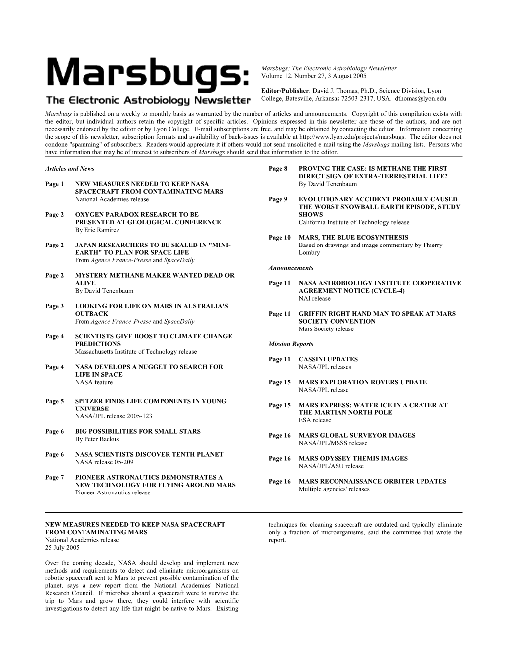 Marsbugs: the Electronic Astrobiology Newsletter , Volume 12, Number 27, 3 August 2005