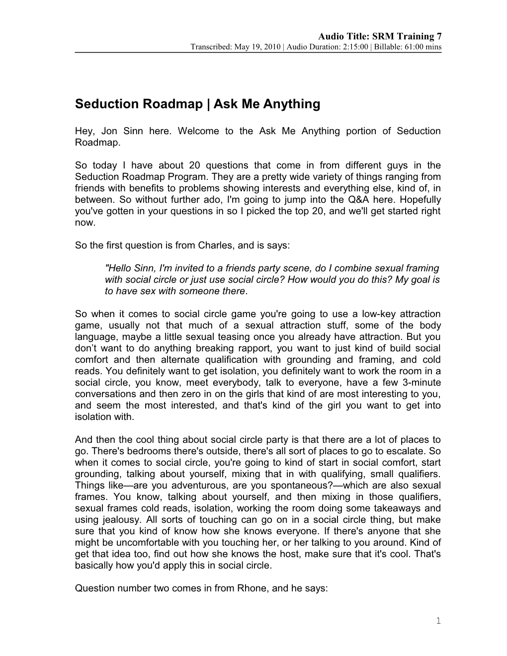 Seduction Roadmap Ask Me Anything