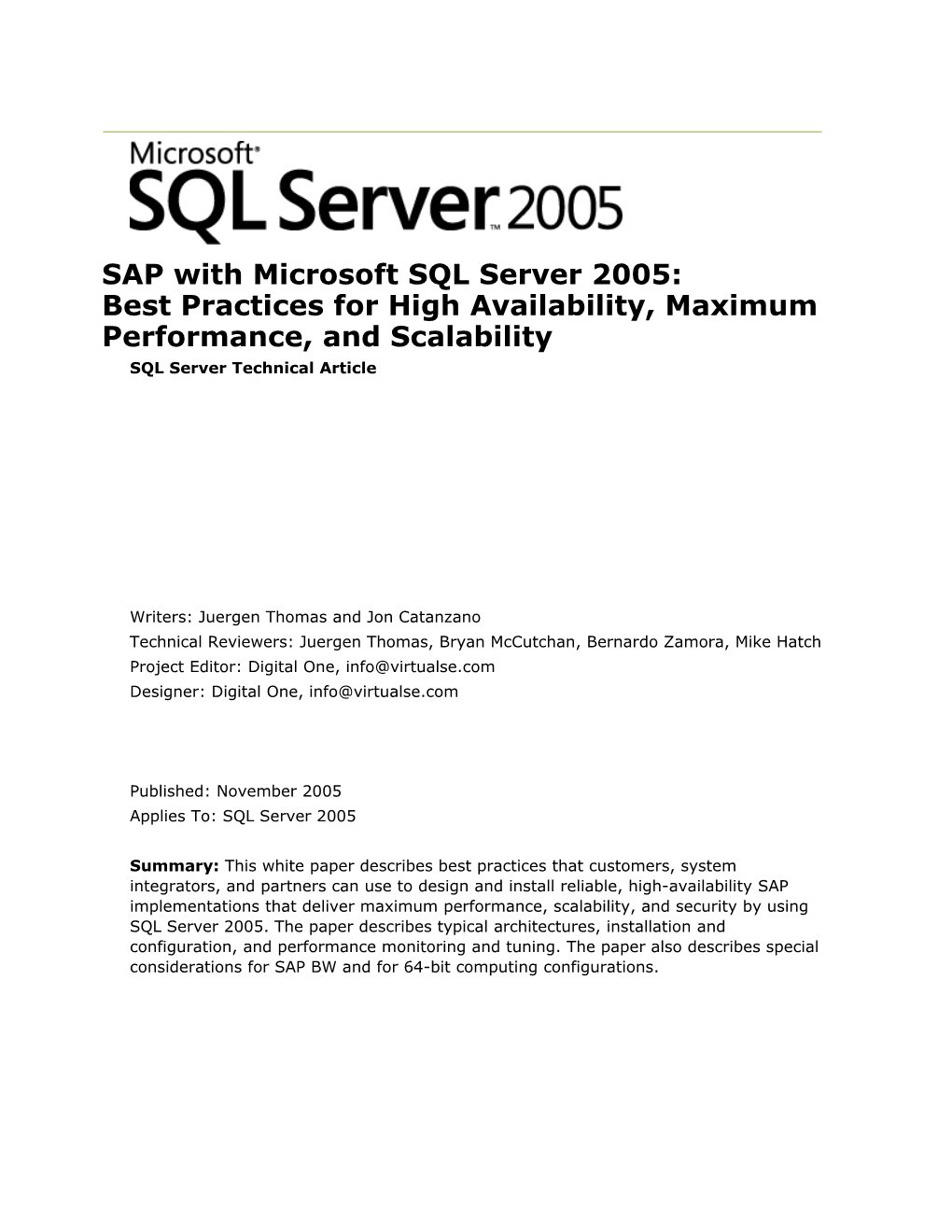 SAP with Microsoft SQL Server 2005: Best Practices for High Availability, Maximum Performance
